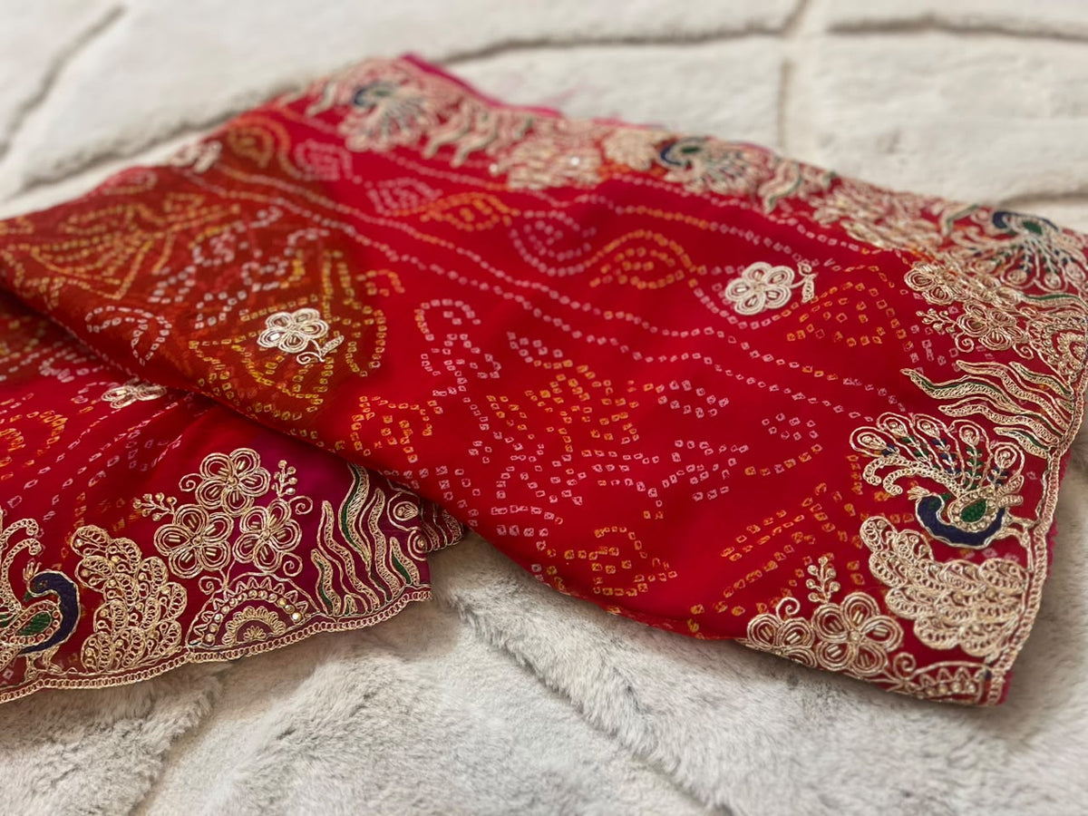 Beautiful Rajasthani Traditional Bandhini Pachrangi Saree with Blouse Piece