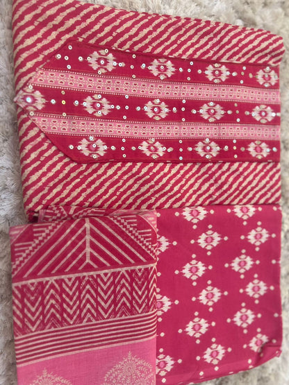Designer Lahariya Print Suits with Beautiful Malmal Dupatta (Unstitched)