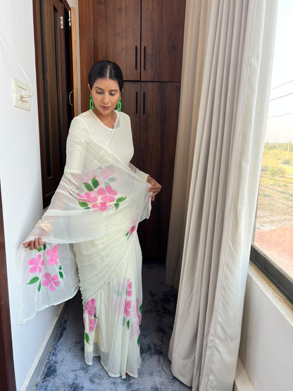 Beautiful Chiffon Flower Pearl Work White Saree with Blouse Piece
