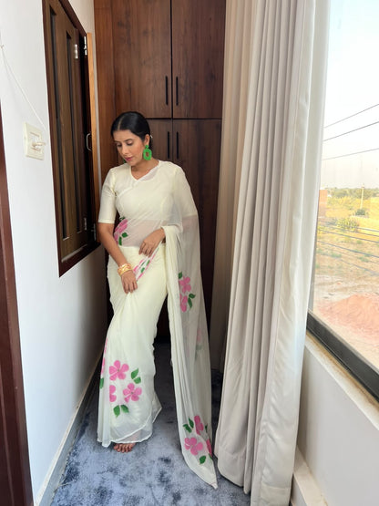 Beautiful Chiffon Flower Pearl Work White Saree with Blouse Piece