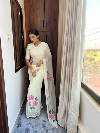 Beautiful Chiffon Flower Pearl Work White Saree with Blouse Piece