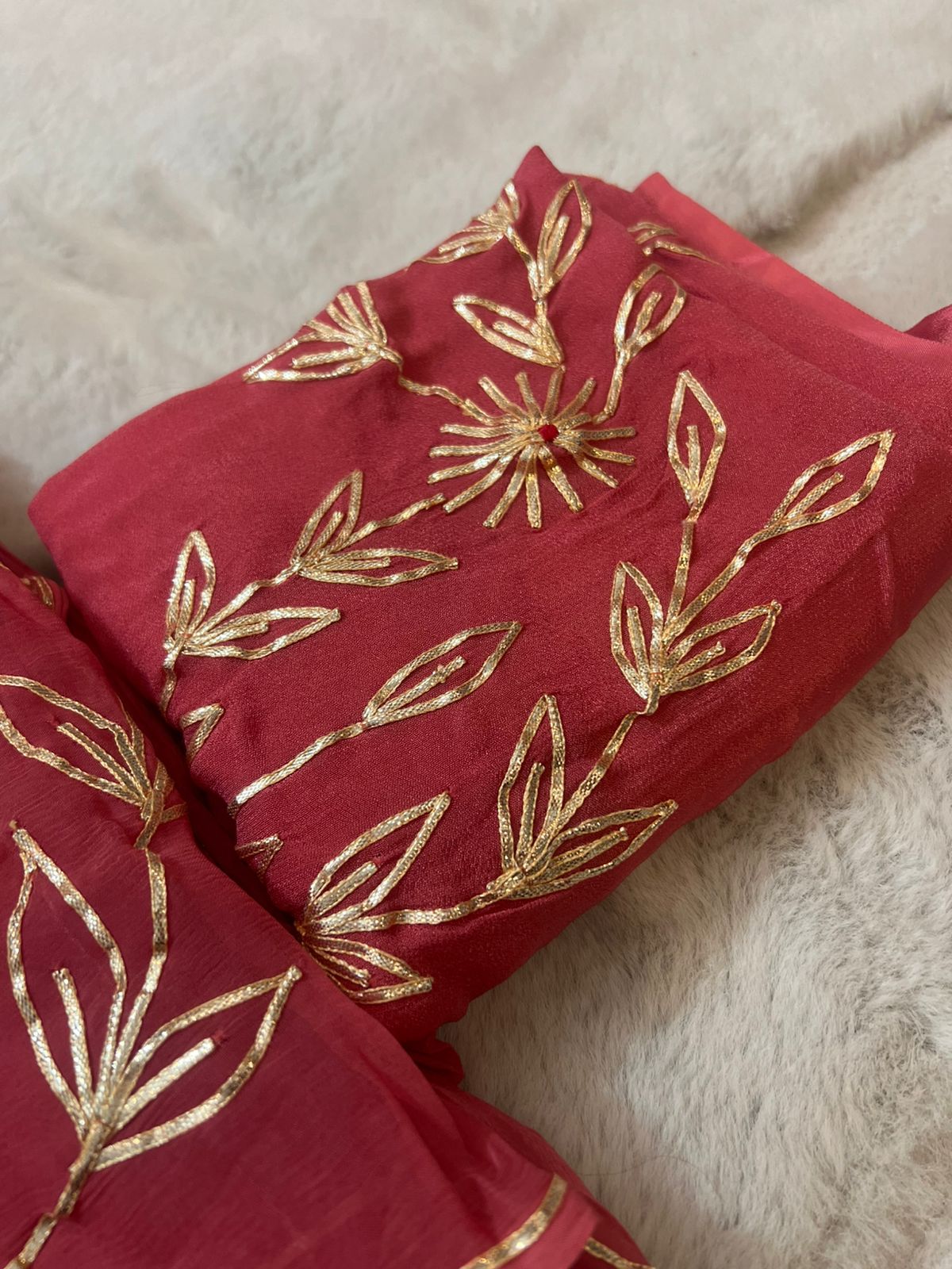 Pure Chiffon Gota Zaal Work Salmon Pink Saree with Pure Crêpe Gota Zaal Work Blouse Piece