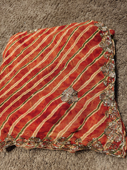 Beautiful Rust Color Lahariya Designer Saree with Heavy Border and Blouse Piece
