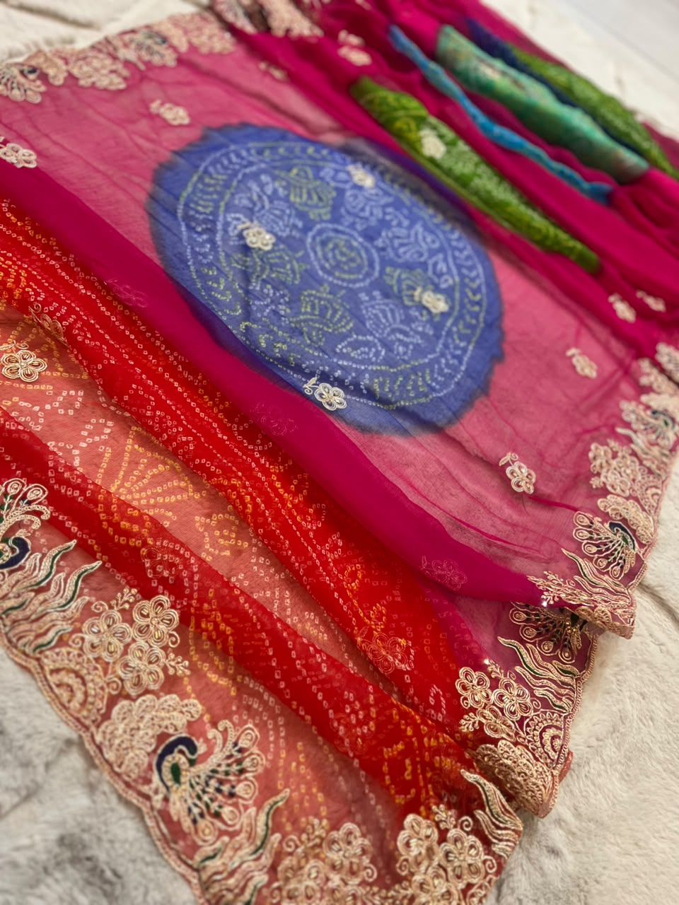 Beautiful Rajasthani Traditional Bandhini Pachrangi Saree with Blouse Piece