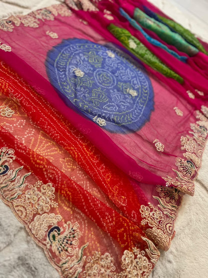 Beautiful Rajasthani Traditional Bandhini Pachrangi Saree with Blouse Piece