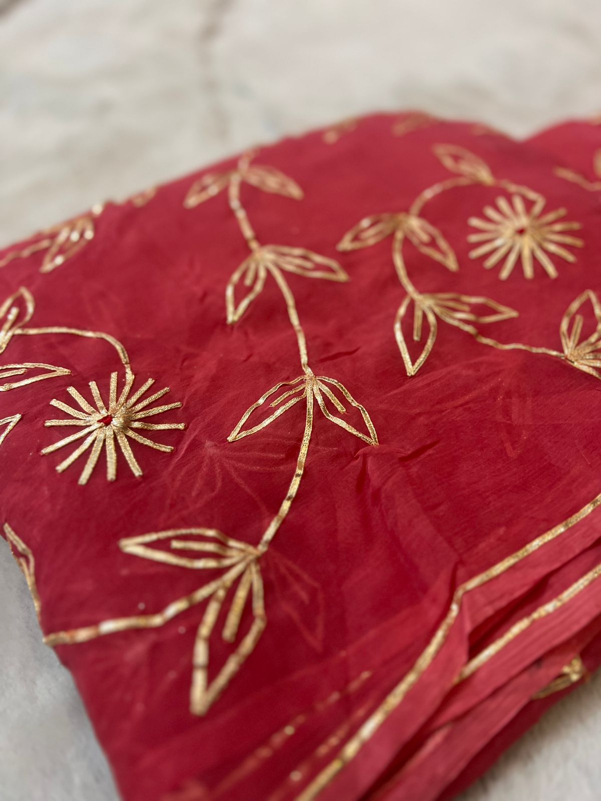 Pure Chiffon Gota Zaal Work Salmon Pink Saree with Pure Crêpe Gota Zaal Work Blouse Piece