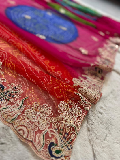 Beautiful Rajasthani Traditional Bandhini Pachrangi Saree with Blouse Piece