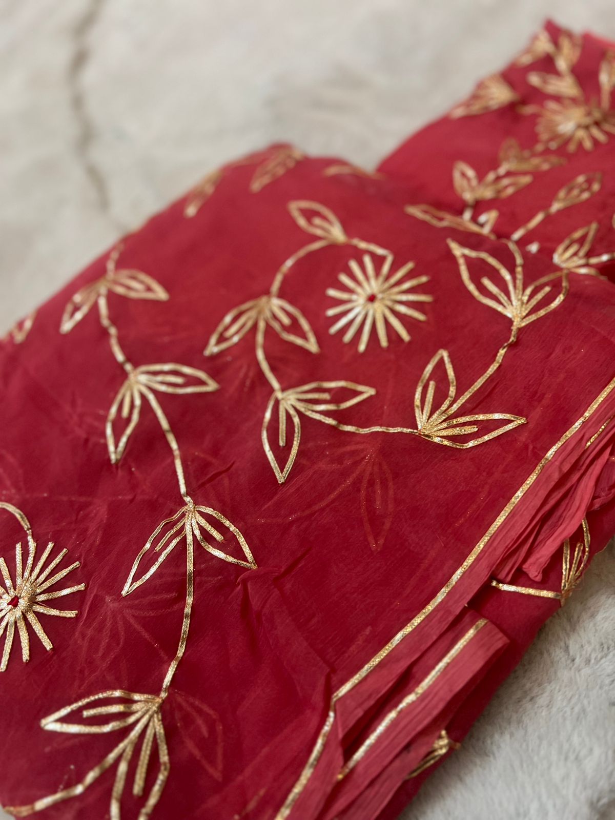 Pure Chiffon Gota Zaal Work Salmon Pink Saree with Pure Crêpe Gota Zaal Work Blouse Piece