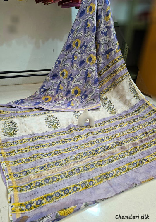 Traditional Hand Block Printed Chanderi Silk Sarees with Blouse Natural Dye n Colors