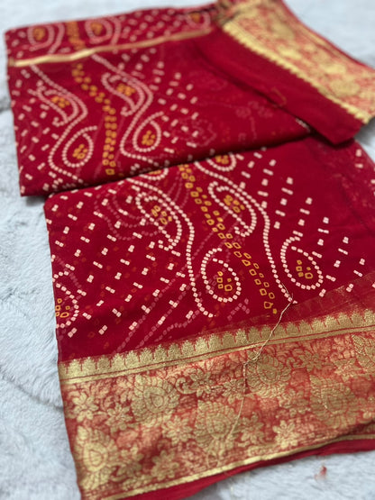 Red Pure Georgette Bandini Saree with Beautiful Zari border and Same Fabric Blouse Piece