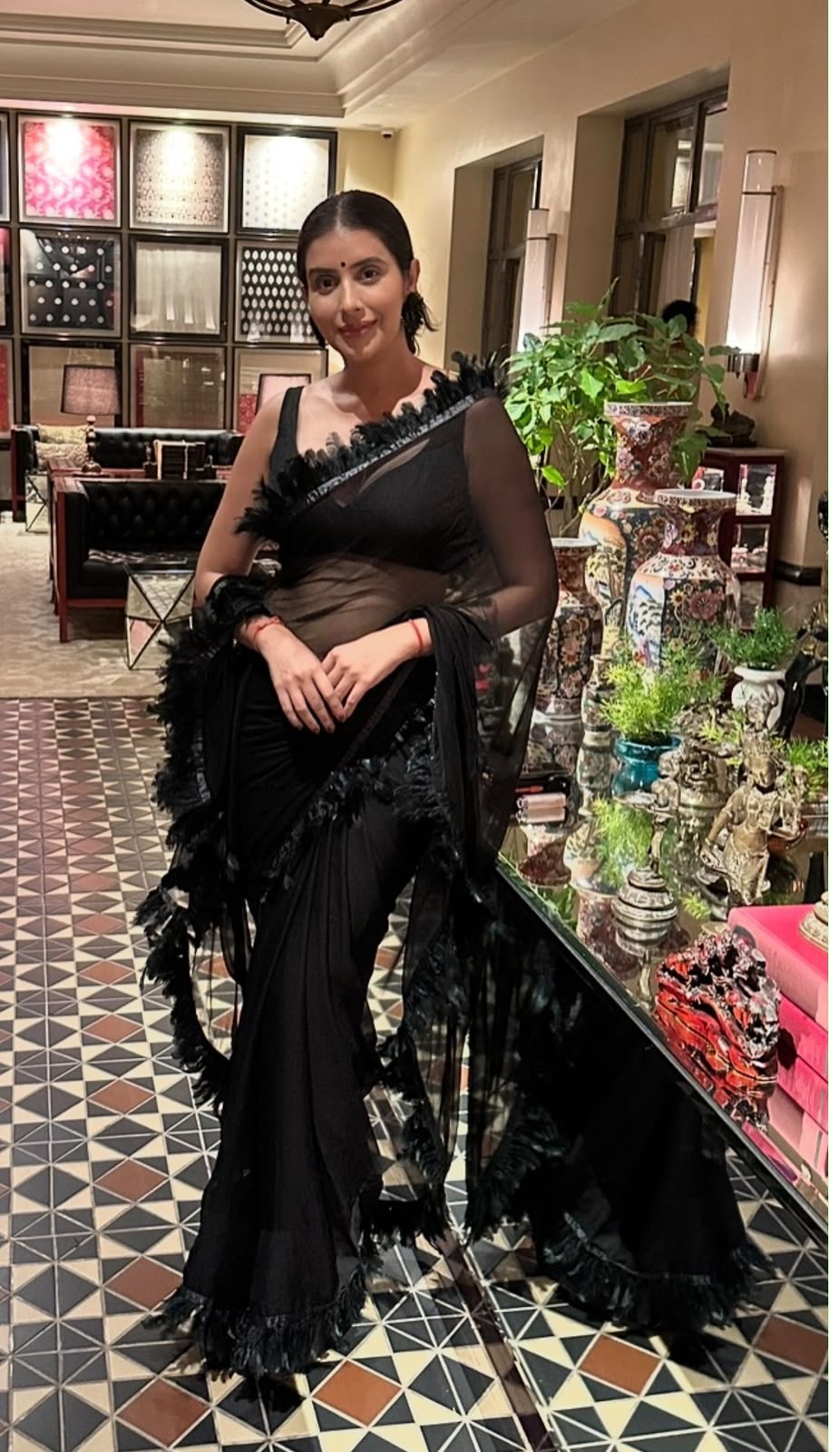 Black Pure Chiffon Furr Saree