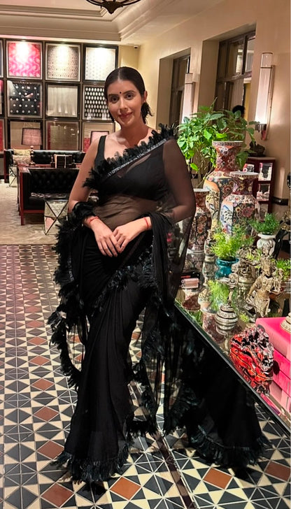 Black Pure Chiffon Furr Saree