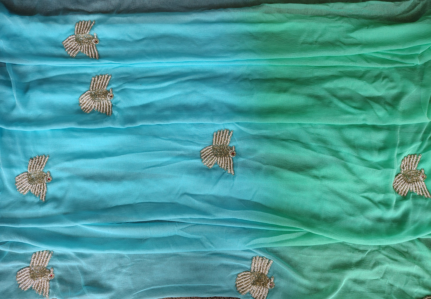 Sky Blue and Green Shaded Bird Work Chiffon Saree with Blouse Piece