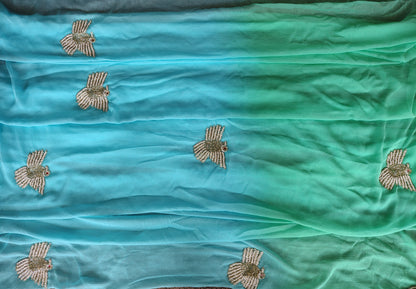 Sky Blue and Green Shaded Bird Work Chiffon Saree with Blouse Piece