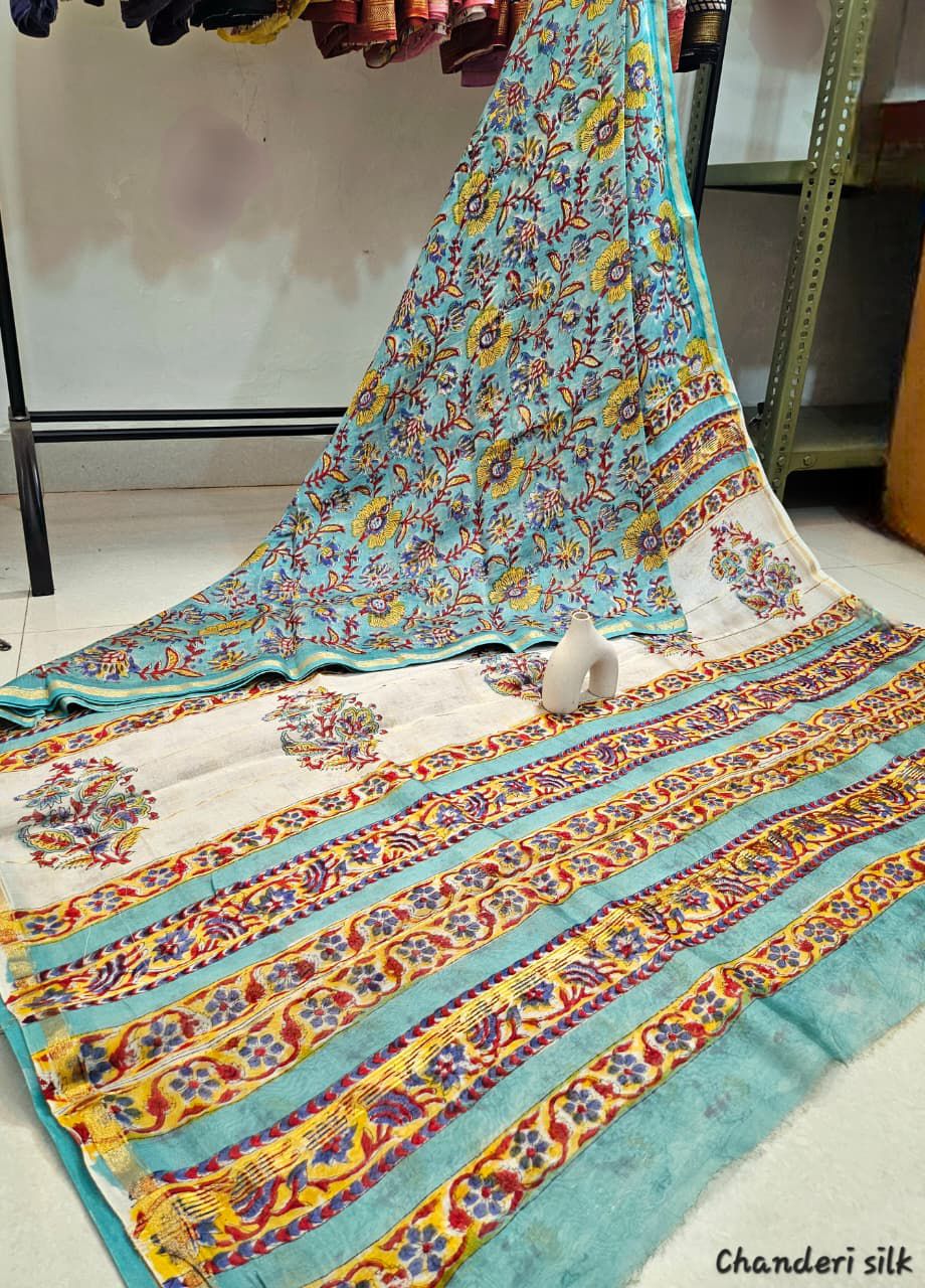 Traditional Hand Block Printed Chanderi Silk Sarees with Blouse Natural Dye n Colors