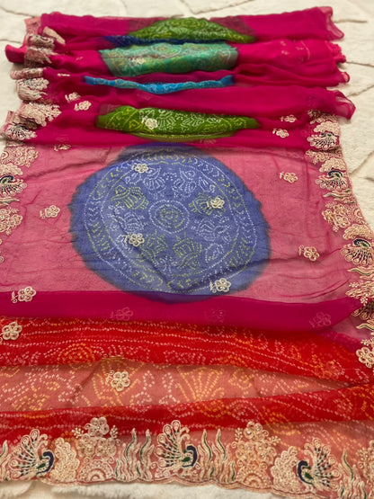 Beautiful Rajasthani Traditional Bandhini Pachrangi Saree with Blouse Piece