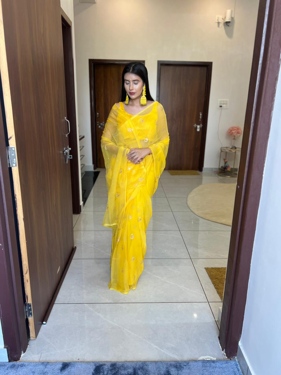 Yellow Color Pure Chiffon Peta Work Saree