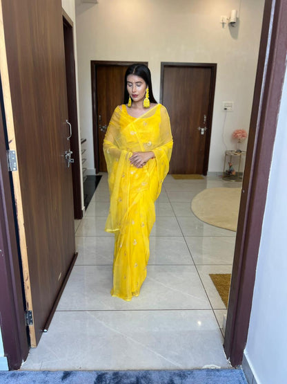 Yellow Color Pure Chiffon Peta Work Saree