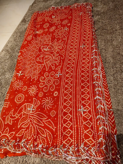 Beautiful Red Color Bandhini Designer Saree with Heavy Border and Blouse Piece