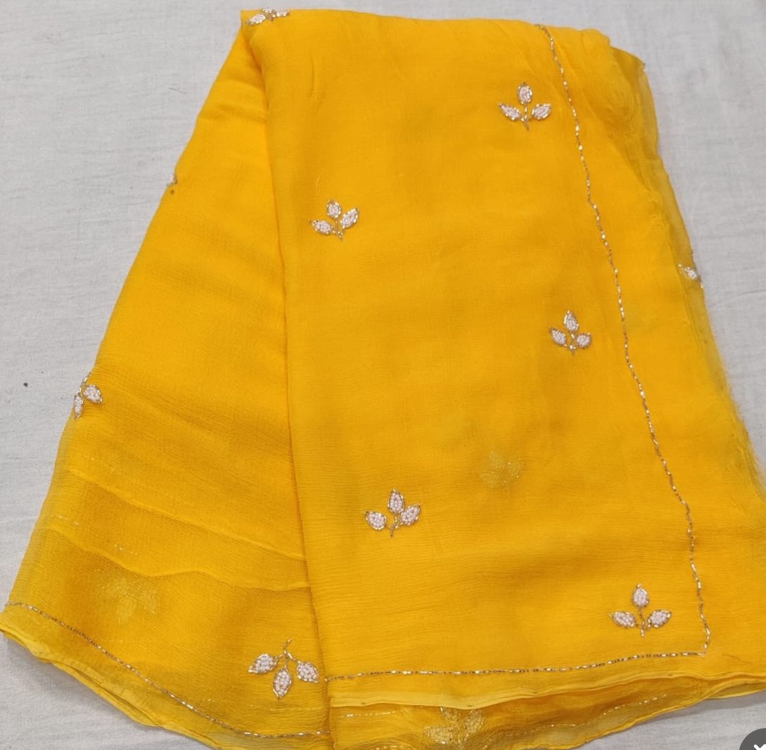 Soft Chiffon Pearl Work (Teen Patti Buti Design) Yellow Saree With Same Fabric Blouse Peice