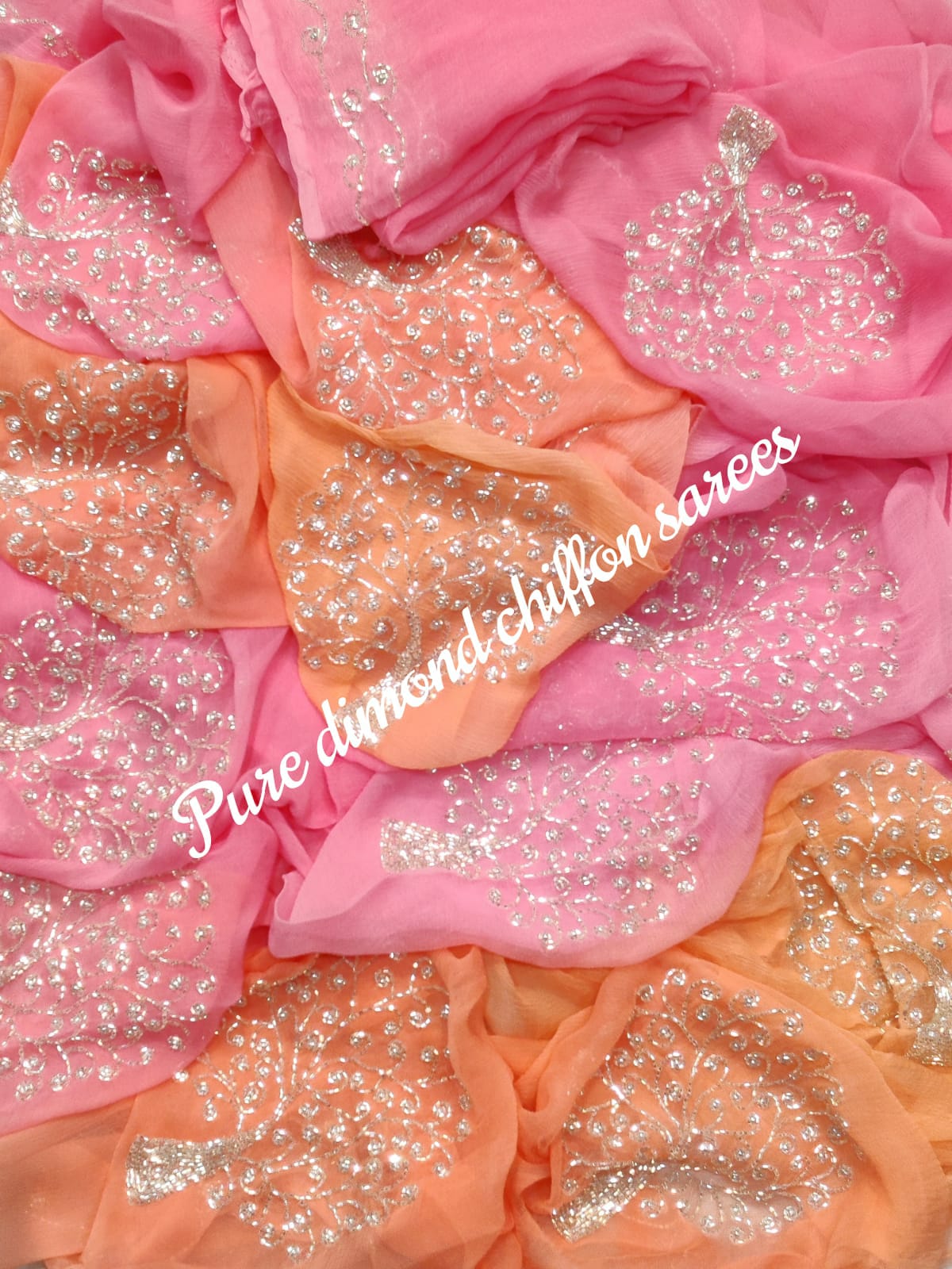 Orange Peach Shaded Saree in Chiffon with Tree Design Boota all over the Saree with same Fabric Blouse Piece