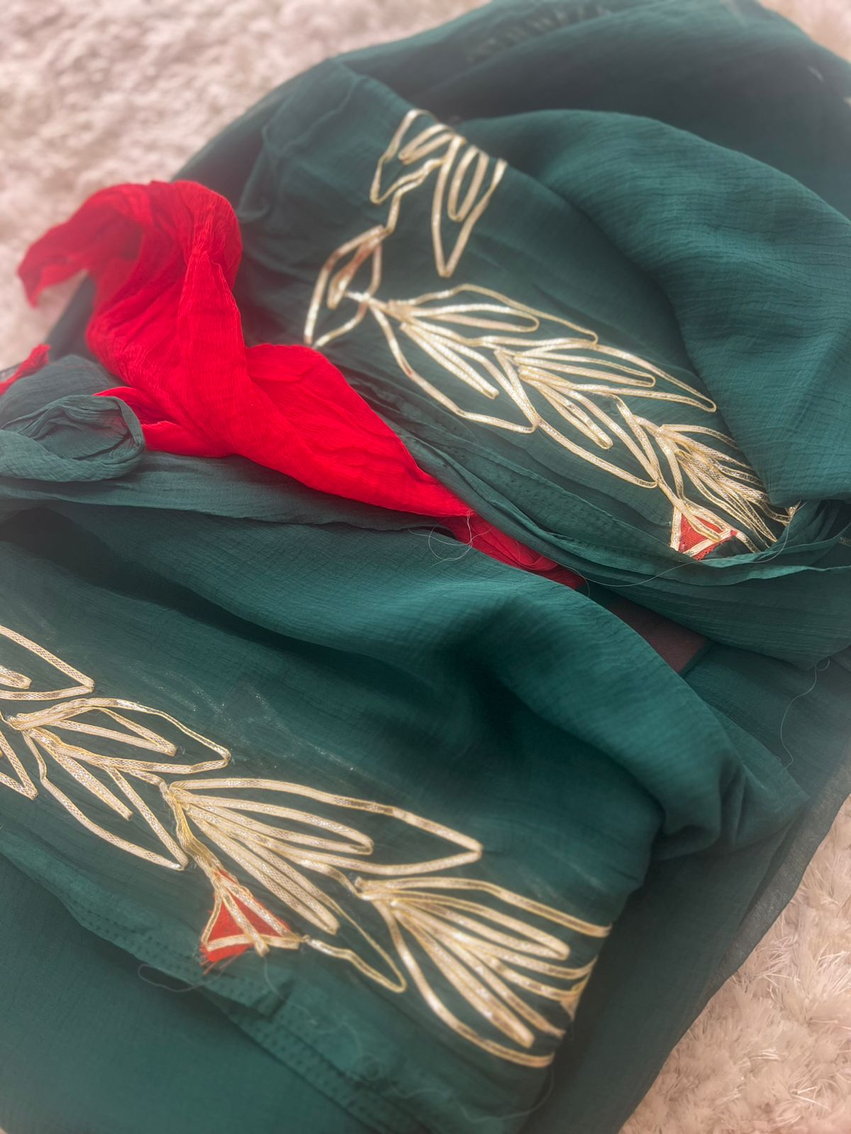 Bottle Green Gota Work Chiffon Saree with Red Blouse Piece