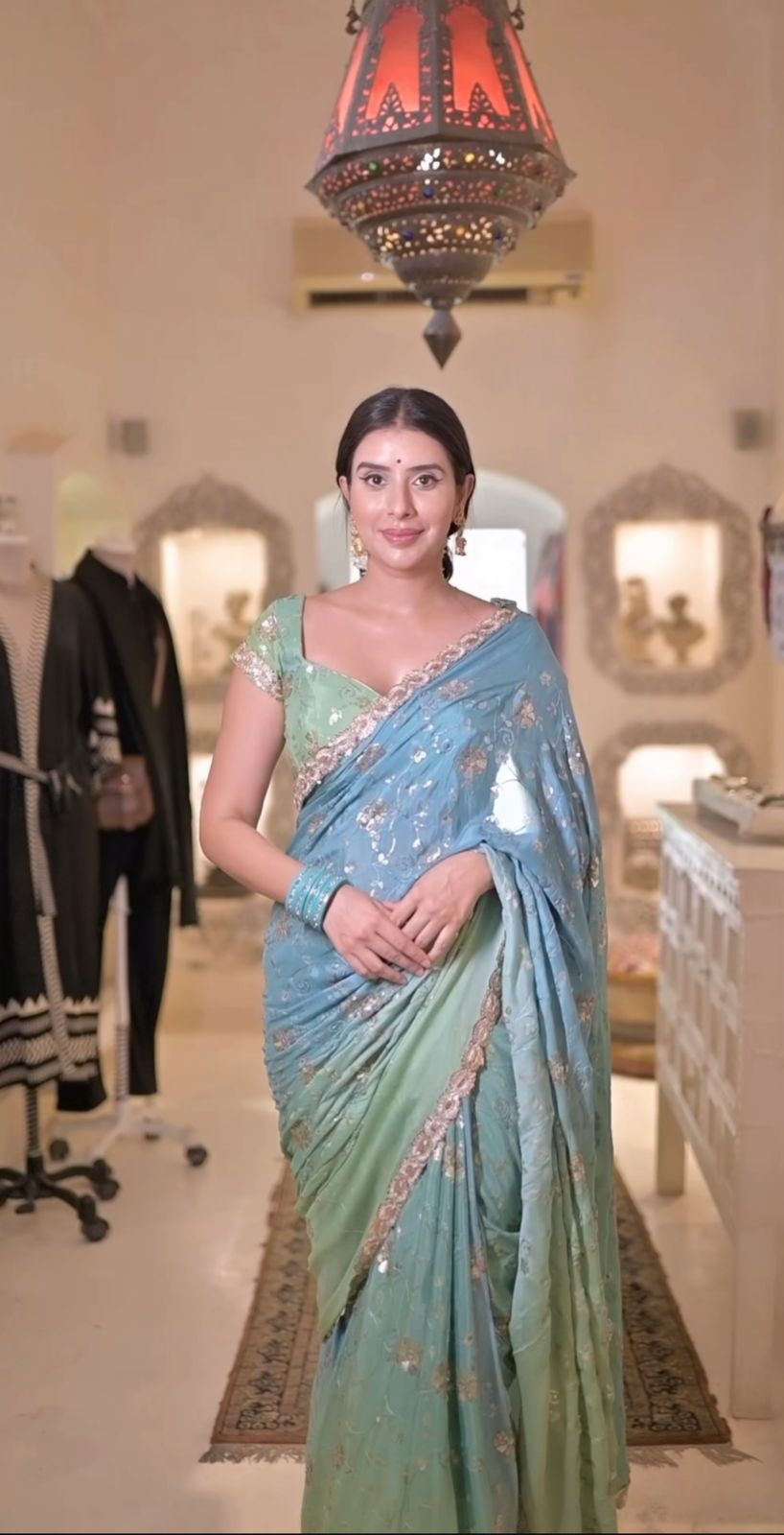 Sea Green Shaded Designer Pure Crêpe Saree with Stitched Mega Sleeves Blouse (36 Chest, Medium to Large)