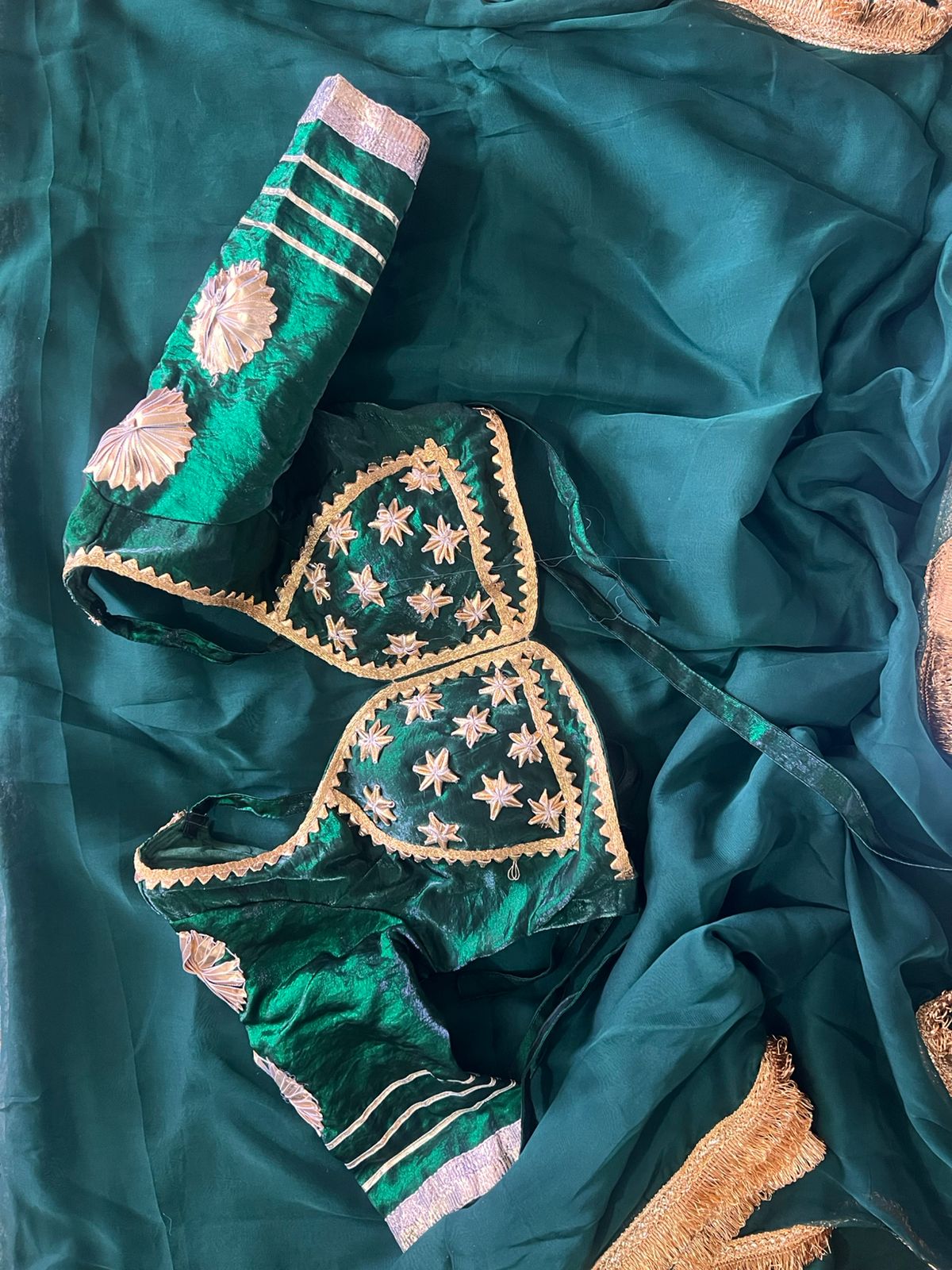 Bottle Green Pure Chiffon Saree with Lovely Border in Golden Colour and Beautiful Angi Blouse Paired with it