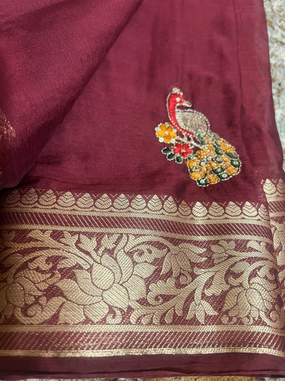 Peacock Design Crepe Saree with Heavy Border