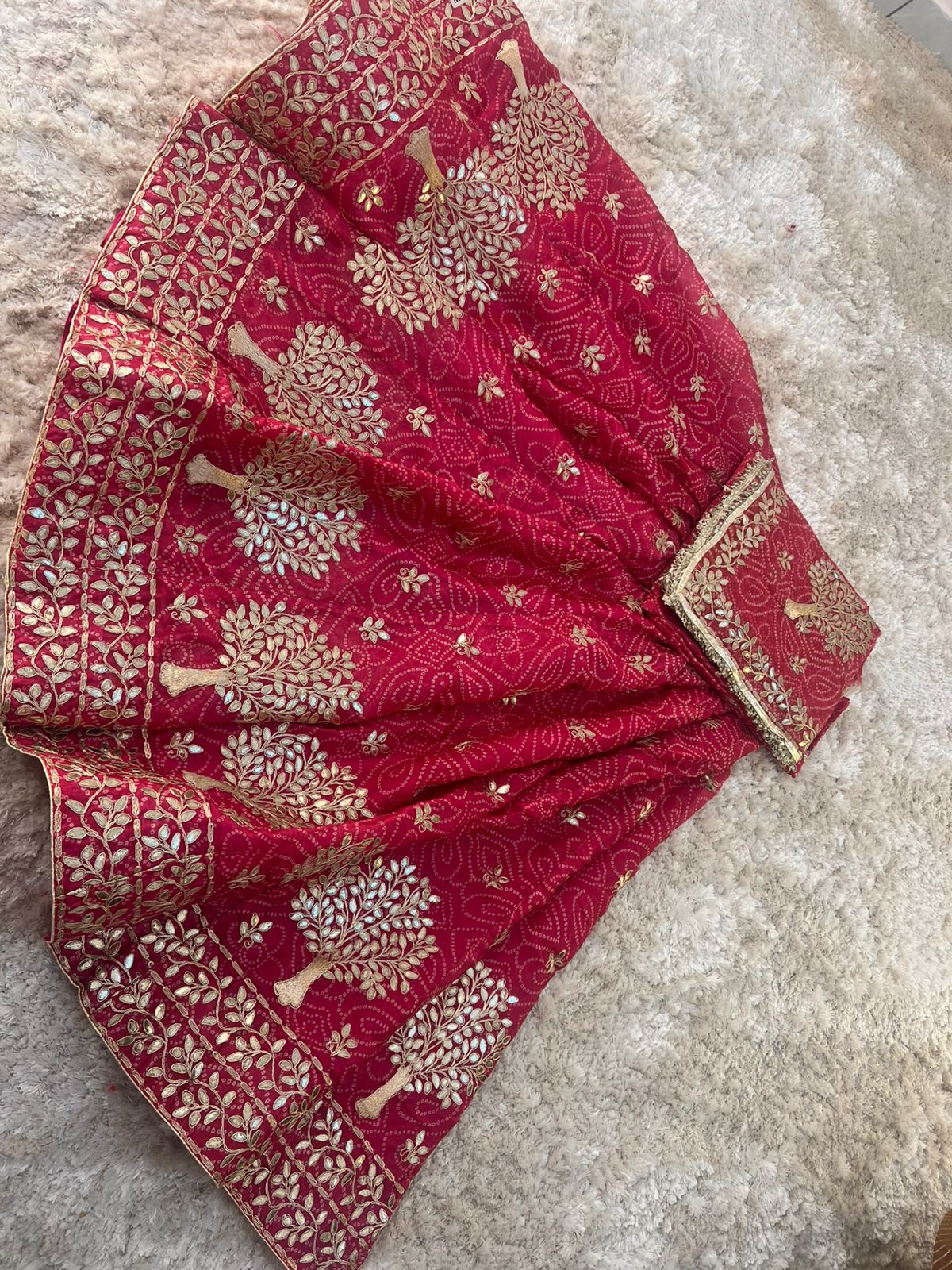 Bandhini with Gota Patti Work Full Ghera Magenta Pink Poshak (Unstitched)