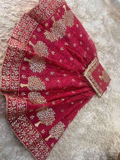 Bandhini with Gota Patti Work Full Ghera Magenta Pink Poshak (Unstitched)
