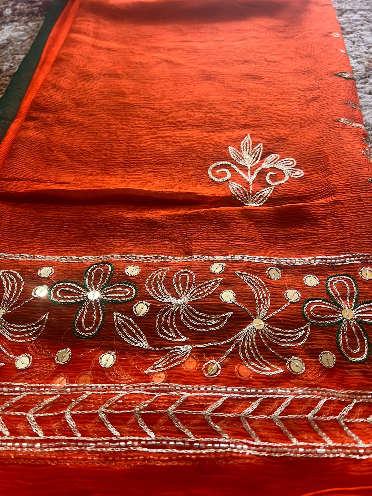 Pure Chiffon Heavy Peta work Rajpooti sari with Pure Chiffon Green Peta work Blouse