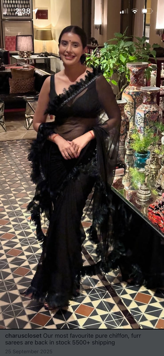 Black Pure Chiffon Furr Saree