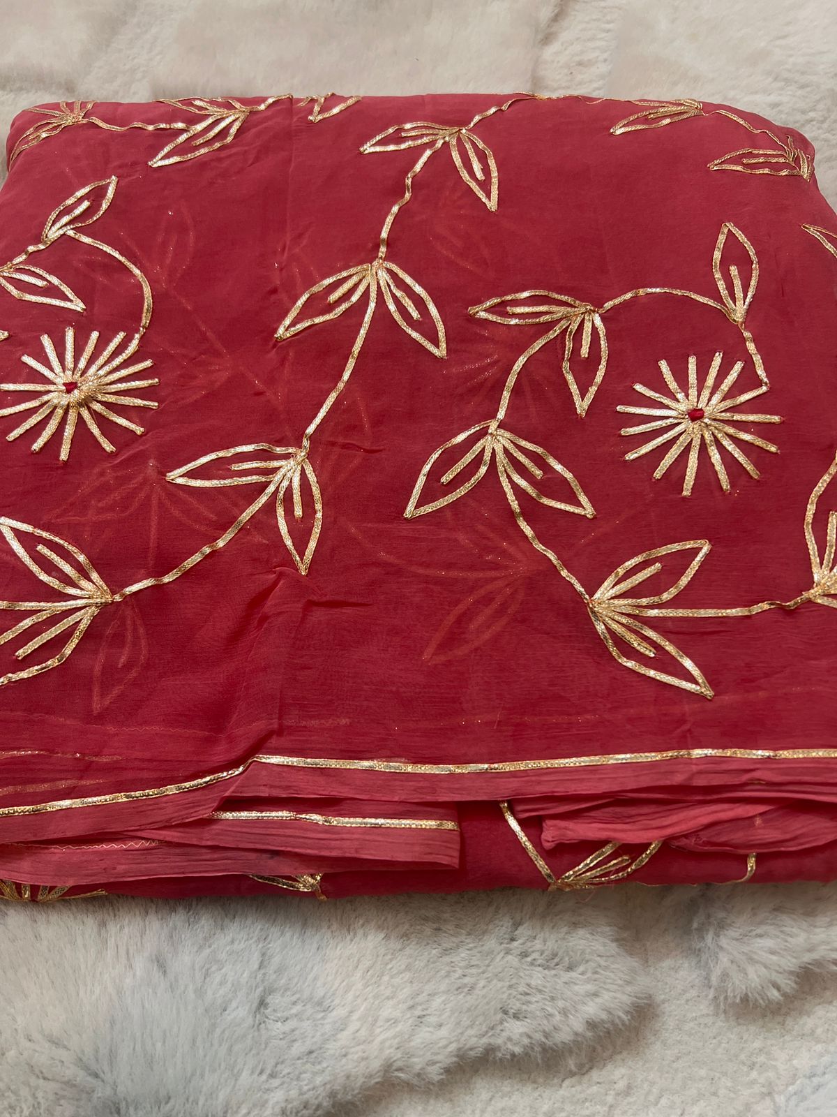 Pure Chiffon Gota Zaal Work Salmon Pink Saree with Pure Crêpe Gota Zaal Work Blouse Piece