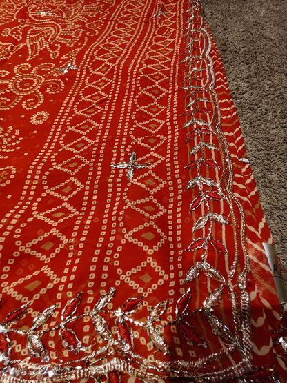 Beautiful Red Color Bandhini Designer Saree with Heavy Border and Blouse Piece