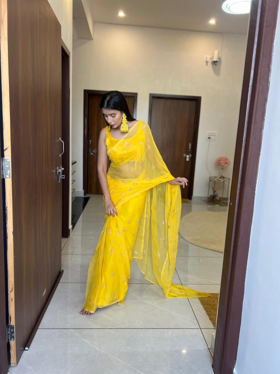 Yellow Color Pure Chiffon Peta Work Saree