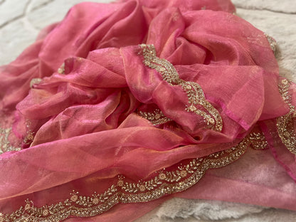 Beautiful Pink Color Fendy Tissue Pearl and Diamond Cut Work Saree
