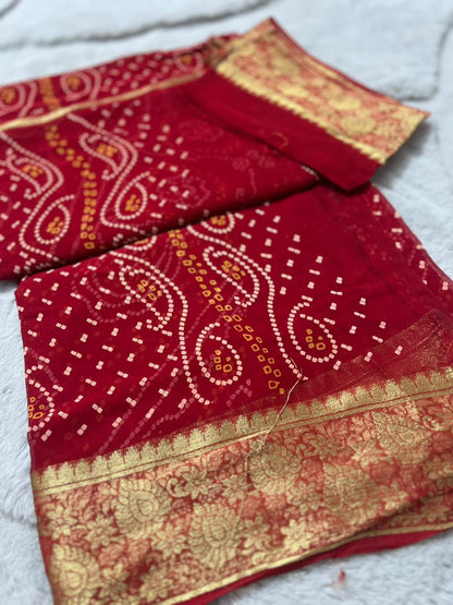 Red Pure Georgette Bandini Saree with Beautiful Zari border and Same Fabric Blouse Piece