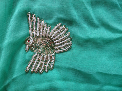 Sky Blue and Green Shaded Bird Work Chiffon Saree with Blouse Piece