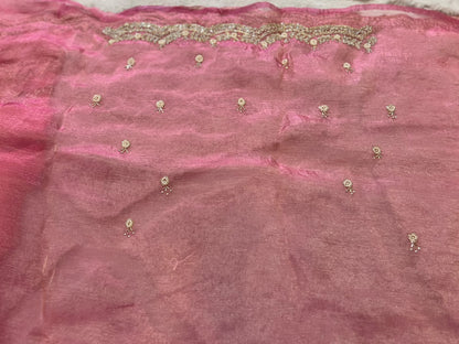 Beautiful Pink Color Fendy Tissue Pearl and Diamond Cut Work Saree