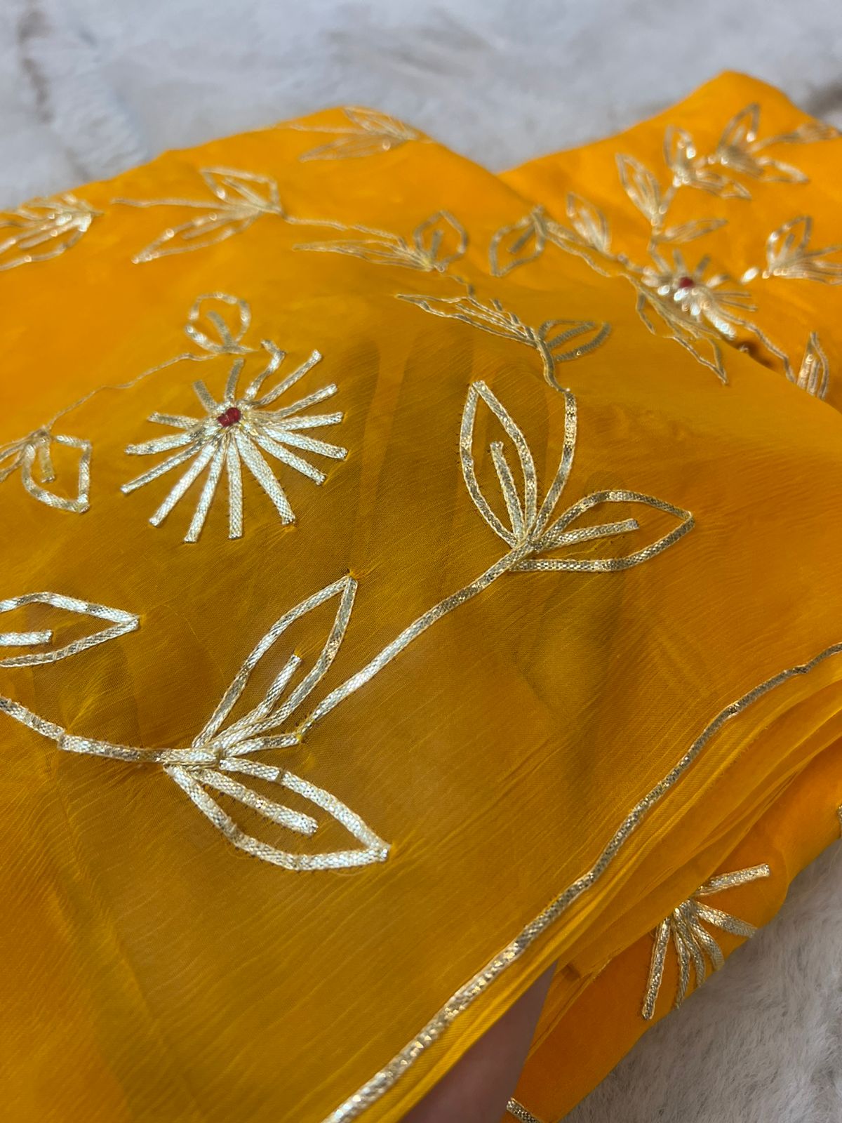 Pure Chiffon Gota Zaal Work Yellow Saree with Pure Crêpe Gota Zaal Work Blouse Piece