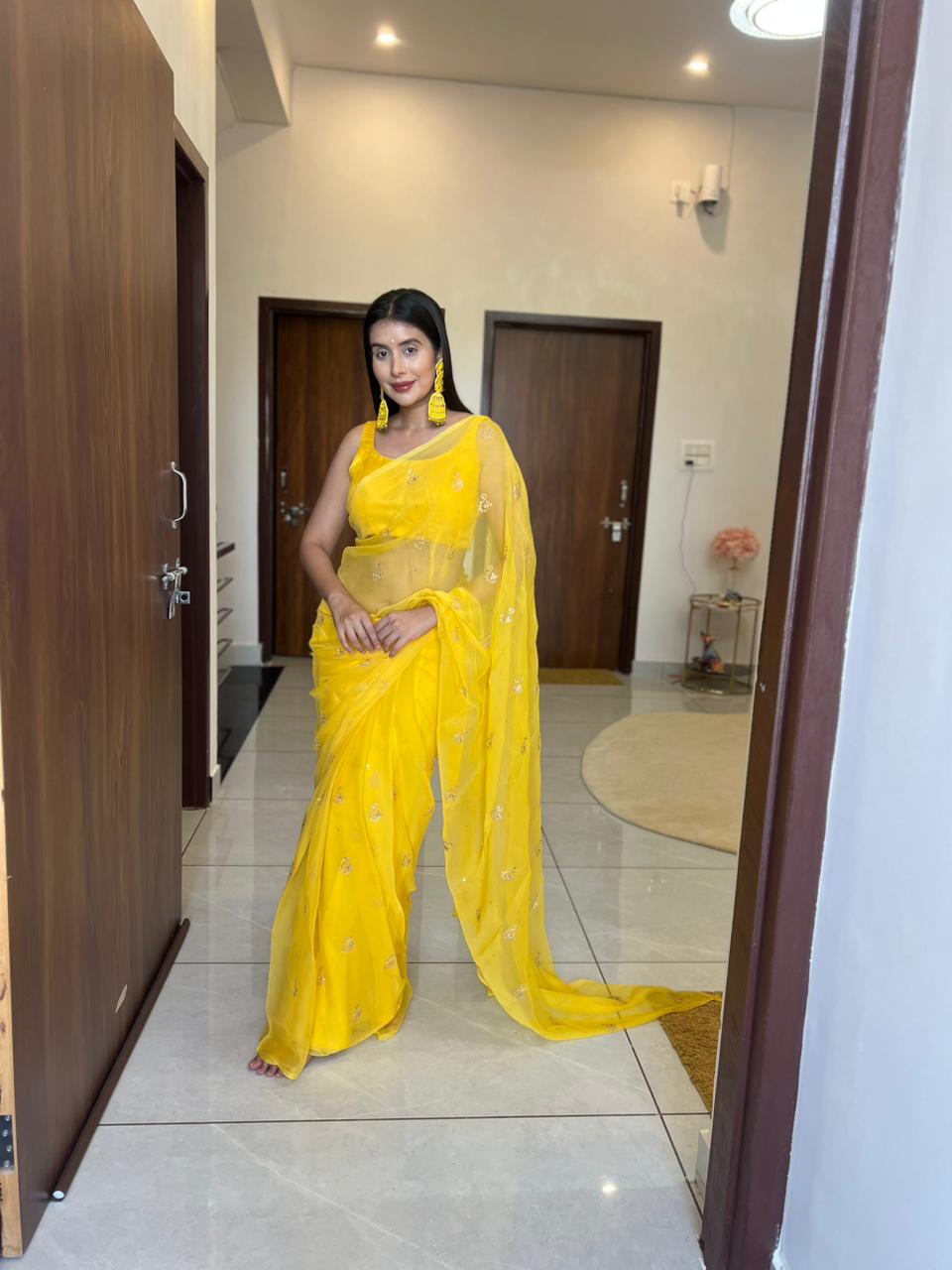 Yellow Color Pure Chiffon Peta Work Saree