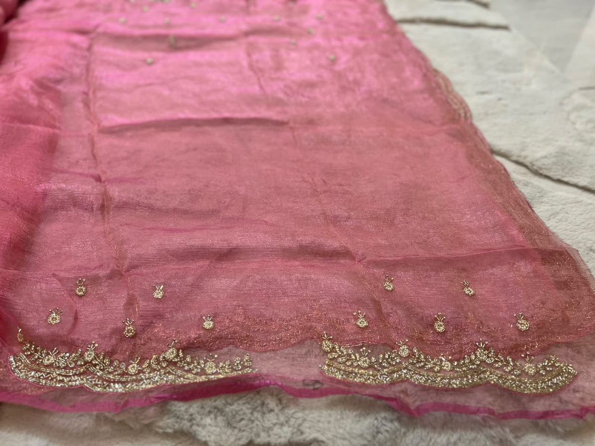 Beautiful Pink Color Fendy Tissue Pearl and Diamond Cut Work Saree