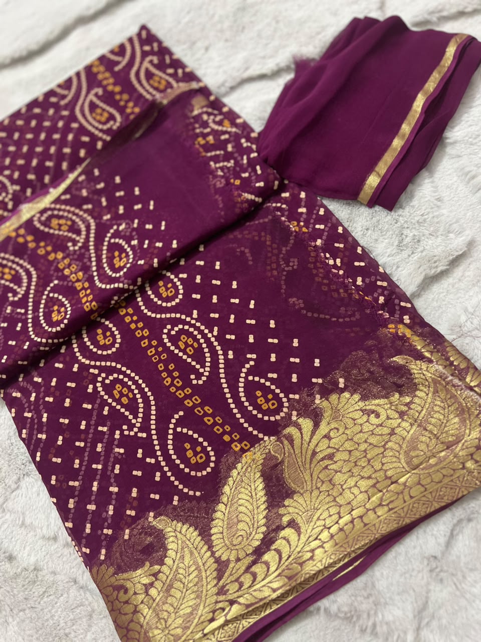Wine Color Pure Georgette Bandini Saree with Beautiful Zari border and Same Fabric Blouse Piece