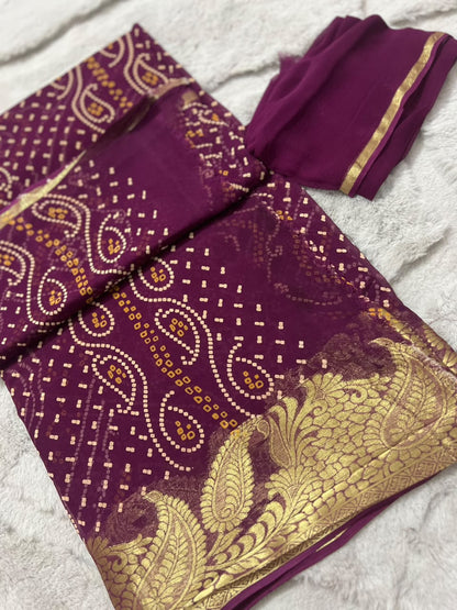 Wine Color Pure Georgette Bandini Saree with Beautiful Zari border and Same Fabric Blouse Piece
