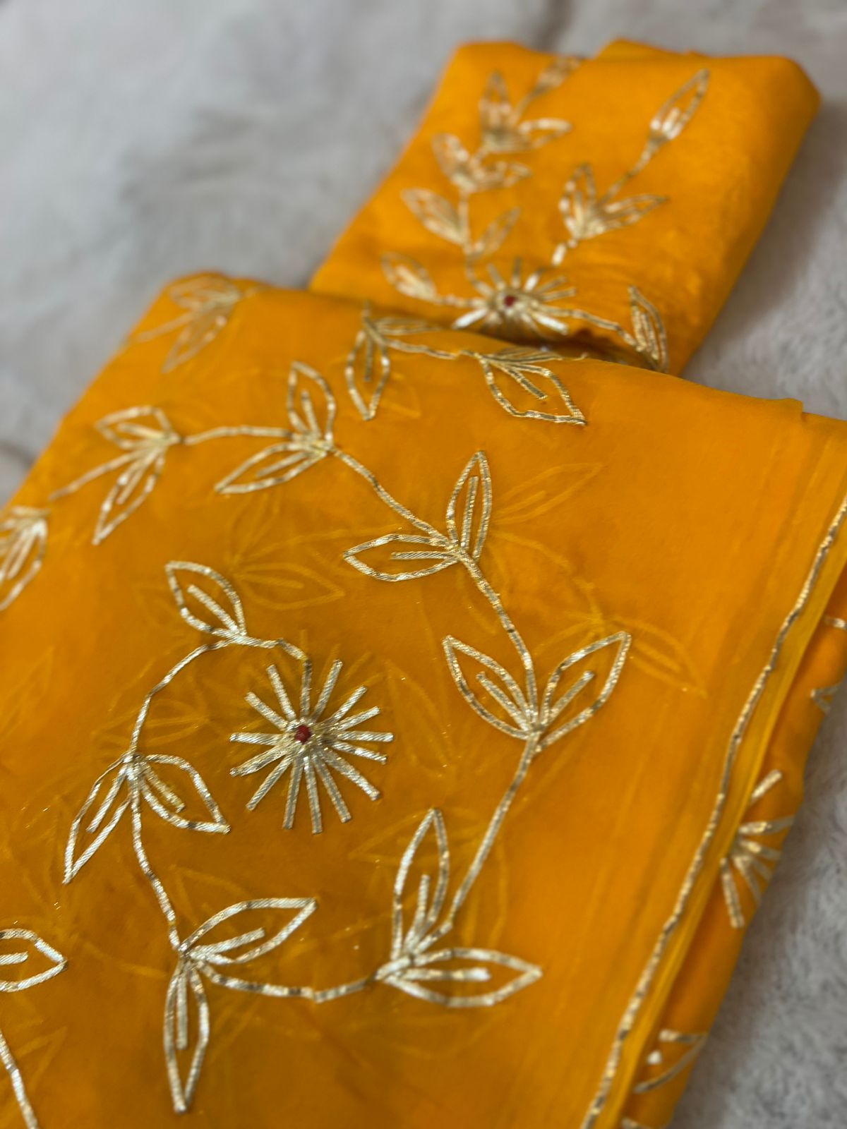 Pure Chiffon Gota Zaal Work Yellow Saree with Pure Crêpe Gota Zaal Work Blouse Piece