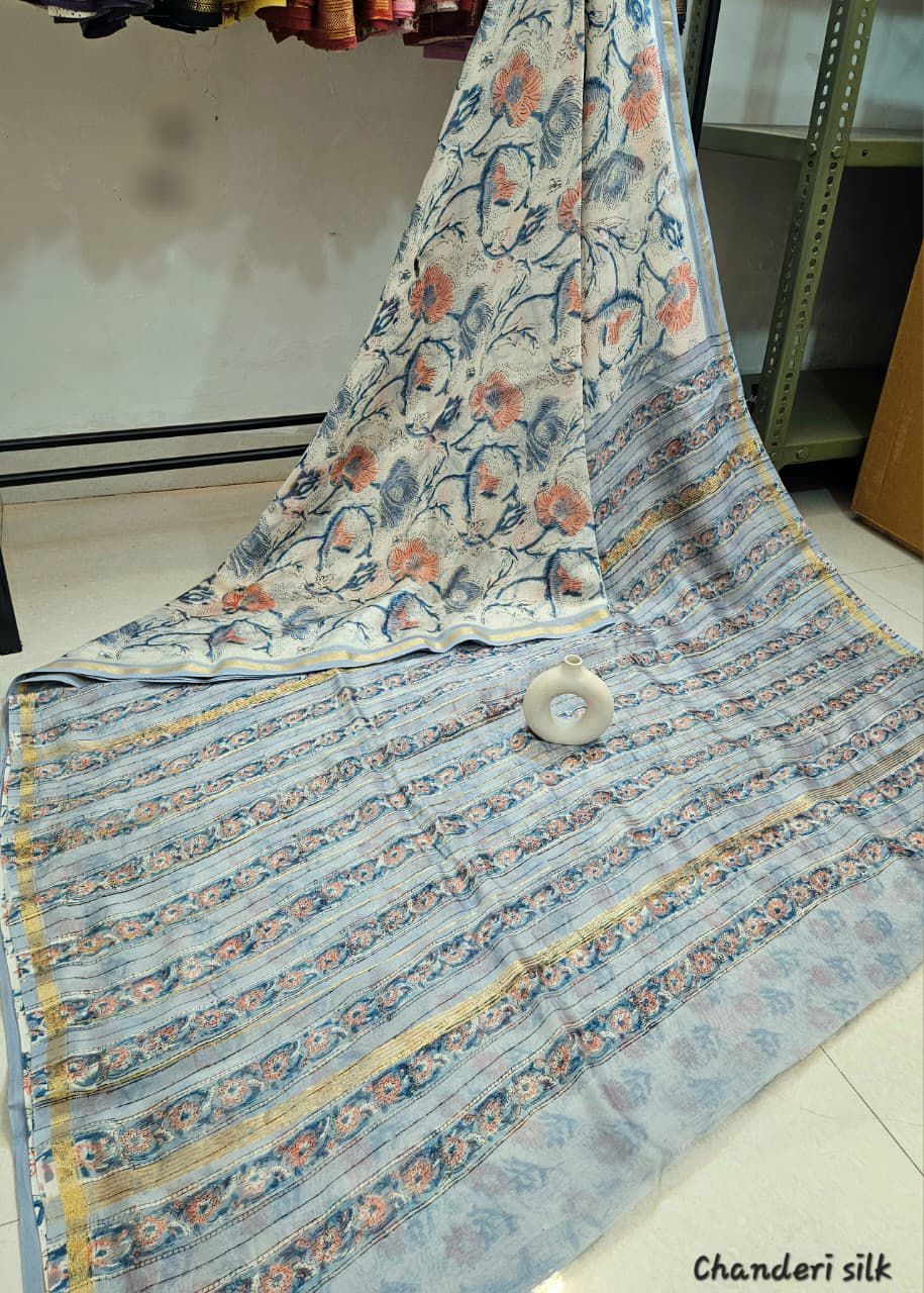 Traditional Hand Block Printed Chanderi Silk Sarees with Blouse Natural Dye n Colors