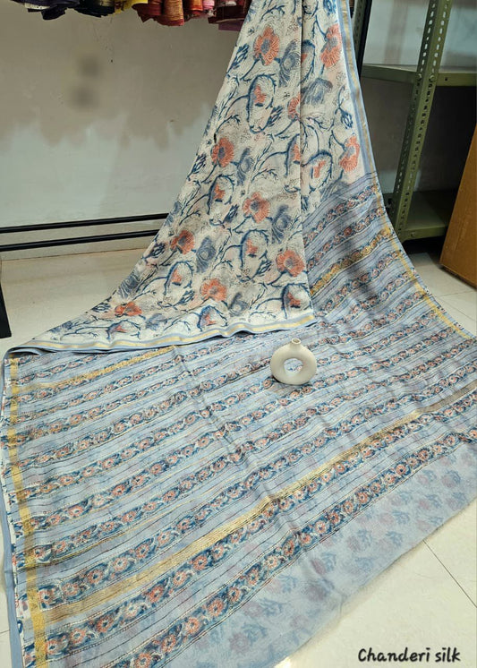 Traditional Hand Block Printed Chanderi Silk Sarees with Blouse Natural Dye n Colors