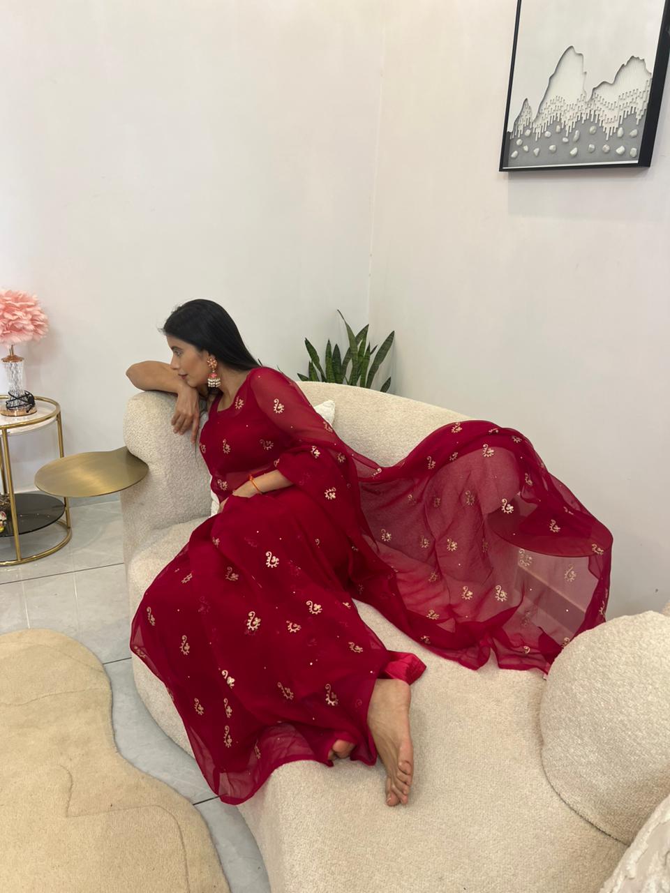 Magenta Pink Pure Chiffon Peta Work Saree