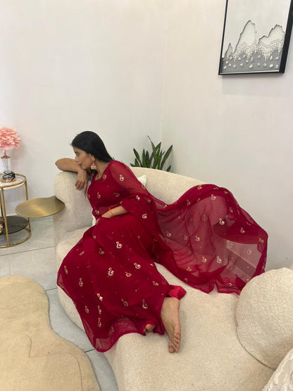 Magenta Pink Pure Chiffon Peta Work Saree